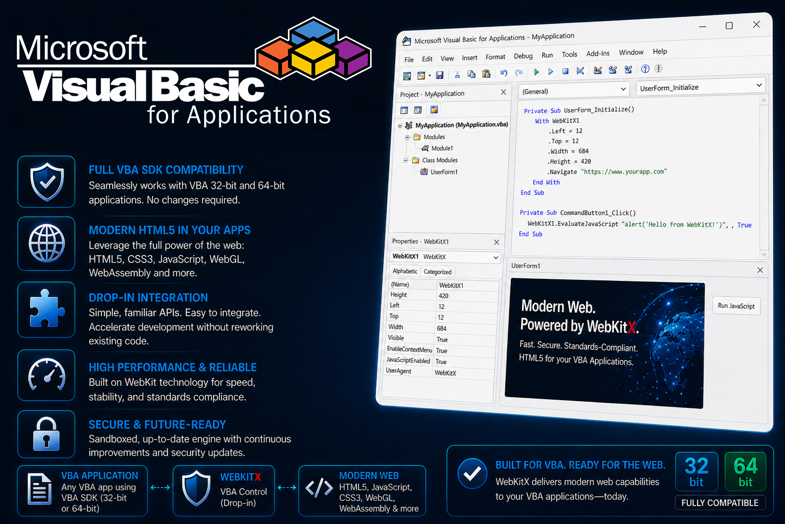 WebKitX VBA SDK integration showing an embedded Chromium browser control inside a legacy VBA application enabling modern HTML5 UI